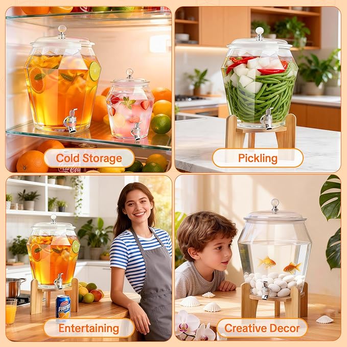 2 PCS Drink Dispenser Set, 2.5 Gallon Total Capacity (7L & 2.6L) - Shatterproof Plastic Beverage Containers with Wood Stand, Leak-Proof Spigot for Juice, Tea, Lemonade & Mimosa Bar Hosting - Image 6