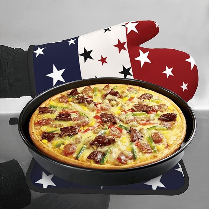 Red White and Blue Oven Mitts and Pot Holders Sets Patriotic American Flag StripedKitchen Mitts 4th of July Hot Pads for Cooking BBQ Baking Grilling - Image 7