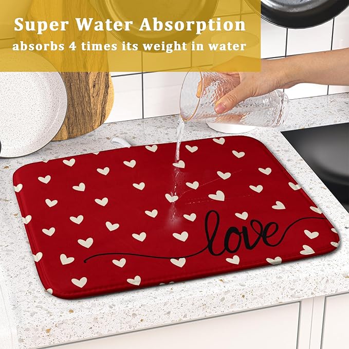 Giwawa Red Hearts Dish Drying Mat 16"x18", Valentines Day Symbol of Love Dish Drainer Mats, Romantic Reversible Dish Drying Rack Pad Protector for Kitchen Countertop Tabletop Small Decor