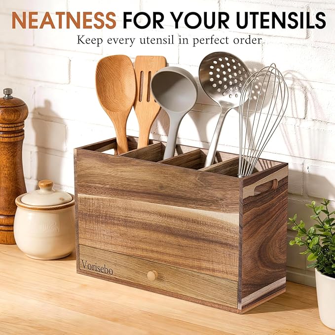 Acacia Wood Kitchen Utensil Holder for Countertop, Large Wooden Utensils Holder with 4 Compartment, Farmhouse Utensil Caddy with Drawer for Storage Cooking and Silverware
