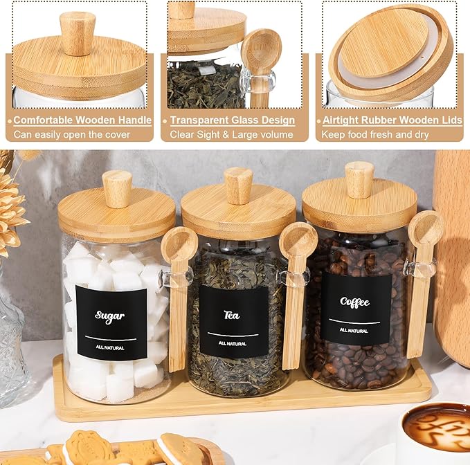 Suclain 3 Pcs Glass Coffee Container with Wooden Lid Spoon Shelf Labels Clear Airtight Jar Food Storage Canister Set for Sugar Spice Coffee Bean Holder Housewarming Gift(25 oz,Natural Bamboo) - Image 3