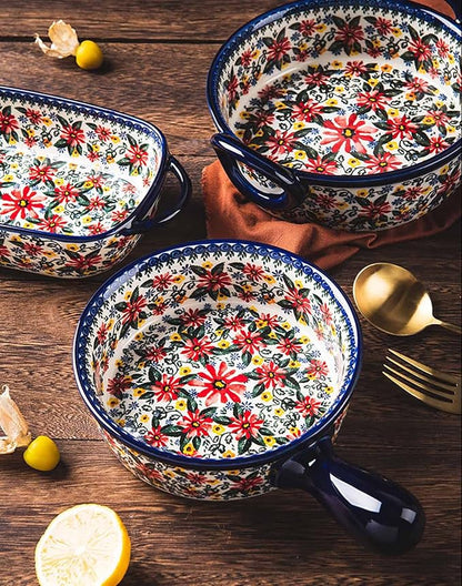 Red Daisy Flower Vintage Style Ceramic Bakeware Casserole Dish Baking Pan Lasagna Pans Baking Dish with Handles for Oven/Cooking/Kitchen-1 PCS, 32 OZ - Image 8