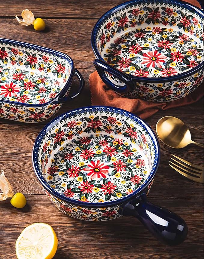 Red Daisy Flower Vintage Style Ceramic Bakeware Casserole Dish Baking Pan Lasagna Pans Baking Dish with Handles for Oven/Cooking/Kitchen-1 PCS-20 OZ - Image 6