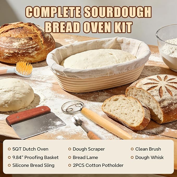 Enameled Cast Iron Dutch Oven for Bread Baking - incl. Sourdough Bread-Baking Supplies like Banneton Bread-Proofing Basket - 5QT Loaf Cast Iron Bread Oven Pan& Meatloaf Pan with Lid, Sour Sough Tools, Lame (Cream White） - Image 4