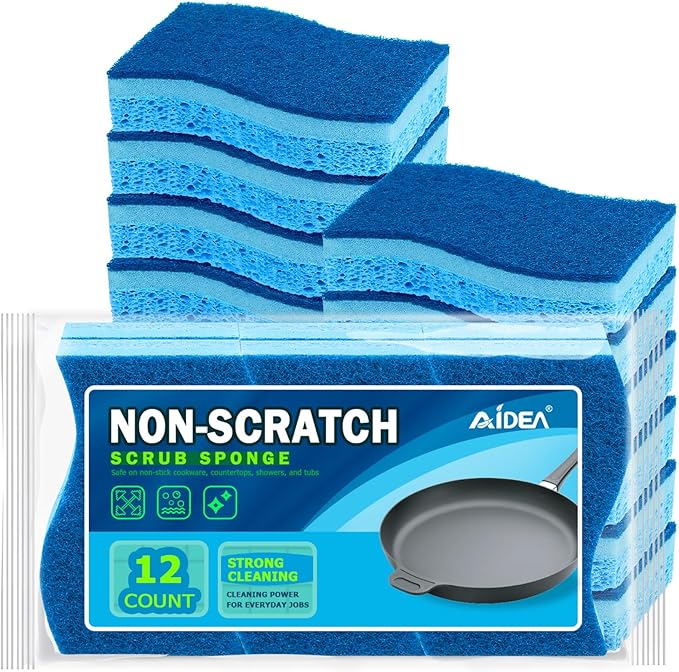 AIDEA Sponges Kitchen, Non-Scratch Scrub Sponge, 12Count, Sponges for Non-Stick Cookware, Kitchen Sponge for Dishes, Cleans Fast Without Scratching, Cleaning Power for Kitchen, Bathroom, Household by AIDEAHOME