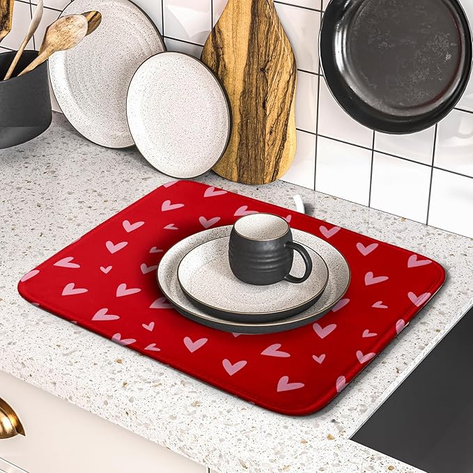 Valentines Dish Drying Mat for Kitchen Counter 16x18 Inch Valentine's Day Red Pink Love Heart Print Absorbent Reversible Microfiber Drying Mats Kitchen Countertop Protector Dishes Drainer Rack Pad - Image 5