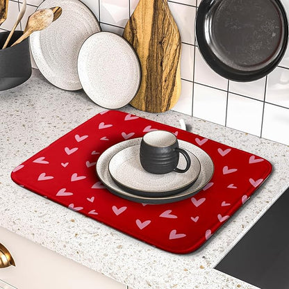 Valentines Dish Drying Mat for Kitchen Counter 16x18 Inch Valentine's Day Red Pink Love Heart Print Absorbent Reversible Microfiber Drying Mats Kitchen Countertop Protector Dishes Drainer Rack Pad - Image 5