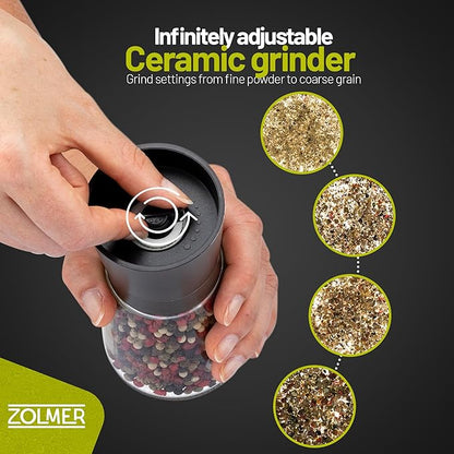 ZOLMER® Premium Stainless Steel Salt and Pepper Grinder Set manual | Adjustable Ceramic Grinder for Salt & Pepper- Black Pepper mill, Salt Grinder & Chili Mill [no spice included] (Small Black)