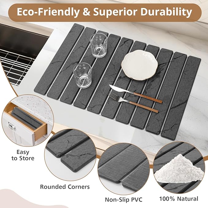 2 PCS Large Stone Dish Drying Mat for Kitchen Counter, Marbled Quick Dry Stone Dish Mats, Diatomaceous Earth Drying Pad, Foldable and Super Absorbent Dish Drying Stone Mat (Dark Gray 24"×16" & 8"×4") - Image 4