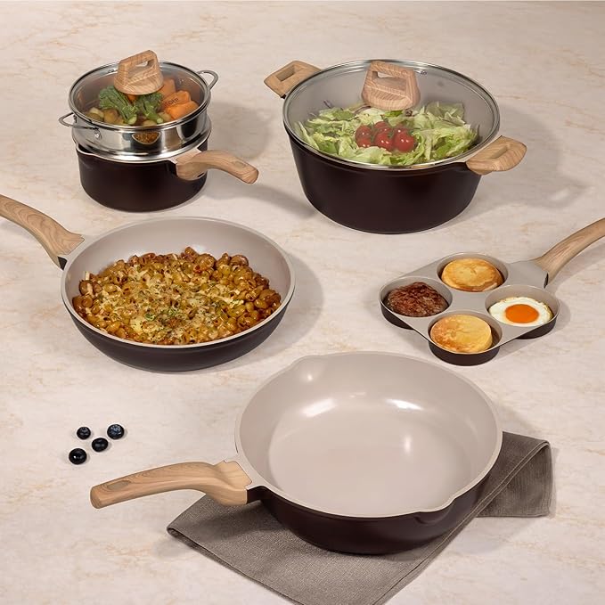 CAROTE 21 PCS Ceramic Cookware Set, Pots and Pans Set Non Stick, Pot and Pan Set with Frying Pan, Induction Ready Cooking Set for Kitchen, PFOS/PFOA/PFAS Free, Brown - Image 8