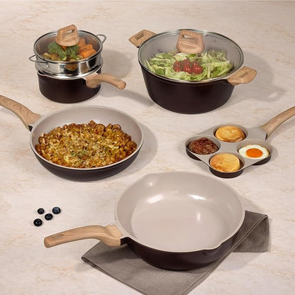 CAROTE 21 PCS Ceramic Cookware Set, Pots and Pans Set Non Stick, Pot and Pan Set with Frying Pan, Induction Ready Cooking Set for Kitchen, PFOS/PFOA/PFAS Free, Brown - Image 8