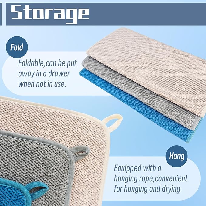 3 Pack Microfiber Dish Drying Mats,Ultra Absorbent Dish Drainer Mats,20x15" Large Size Kitchen Quick Dry Pads for Counter,Under Sink,Coffee Rack(Blue,Beige,Gray) - Image 4