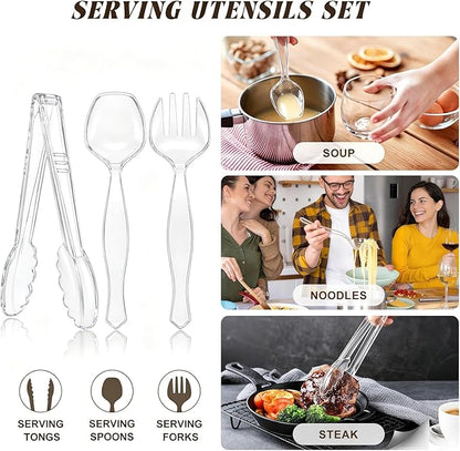 Mwellewm 18Pcs Serving Utensils, 8.5'' Plastic Serving Utensils Set, Disposable Serving Spoons for Buffet, Large Serving Tongs for Food Heavy Duty Party Supplies for Salad Soup Cooking Catering(Clear)