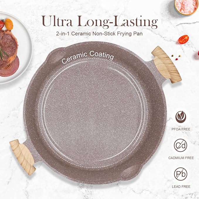 AIKENBBKK Ceramic Frying Pan with Lid, 14 Inch Saute Pan, Non Stick Frying Pans, 2-In-1 Large Cooking Pan, Nonstick Skillet, Compatible with All Stoves, PTFE & PFOA Free, Brown - Image 7