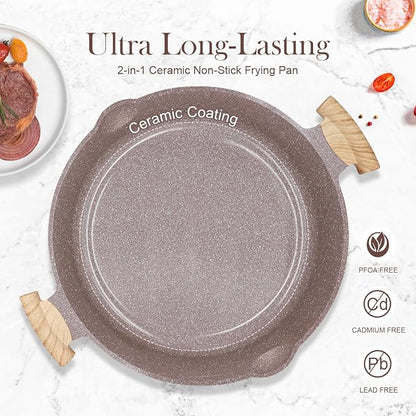 AIKENBBKK Ceramic Frying Pan with Lid, 14 Inch Saute Pan, Non Stick Frying Pans, 2-In-1 Large Cooking Pan, Nonstick Skillet, Compatible with All Stoves, PTFE & PFOA Free, Brown - Image 7