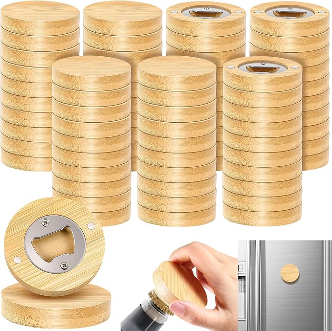 Vesici 70 Pcs Magnetic Bottle Opener 2.5in DIY Bamboo Round Shape Beer Openers Wooden Fridge Magnet Refrigerator Sticker Gift for Beer Lover Wedding Guest Kitchens Bars Parties by Vesici