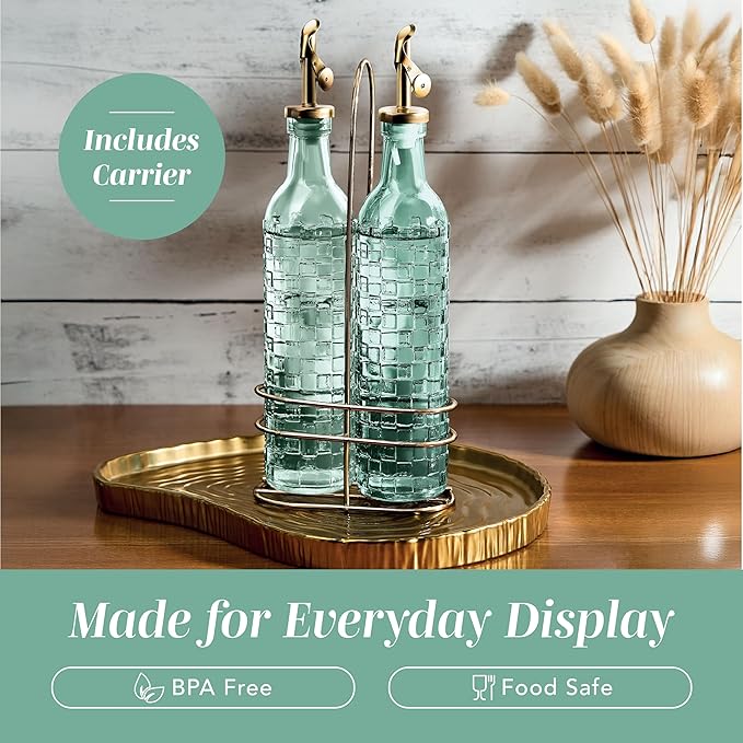 COOK WITH COLOR Glass Olive Oil Bottle Dispenser - 2 Pack- 17oz Oil and Vinegar Cruet - Olive Oil Carafe Decanter for Kitchen, Checkered, Green - Image 6