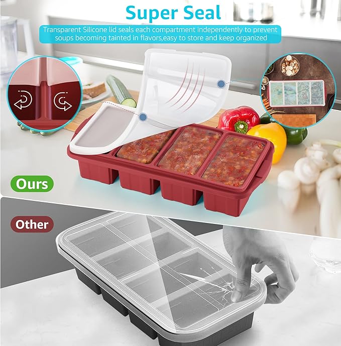 Ztomine Silicone Freezer Tray With Lid - Silicone Freezer Food Molds- Large Ice Cube Tray,Silicone Freezer Container,Freeze & Store Soup, Sauce, Broth,Leftovers - Makes 4 Perfect 1 Cup - Image 5
