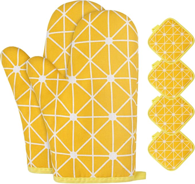 AUAUY Oven Mitts and Potholders BBQ Gloves-Oven Mitts and Pot Holders with Recycled Infill Silicone Non-Slip Cooking Gloves for Cooking Baking Grilling (6-Piece Set,Yellow) by AUAUY