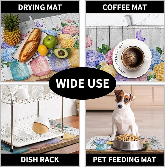 Hydrangea Dish Drying Mat for Kitchen Counter Spring Summer Floral Vases dish mat Microfiber Absorbent Dish Drainer Pad Rustic Farmhouse Floral Wooden Board Dish Draining Mats 18x24 Inch - Image 7