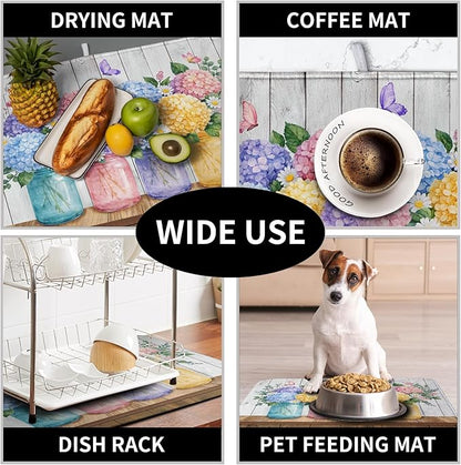 Hydrangea Dish Drying Mat for Kitchen Counter Spring Summer Floral Vases dish mat Microfiber Absorbent Dish Drainer Pad Rustic Farmhouse Floral Wooden Board Dish Draining Mats 18x24 Inch - Image 7