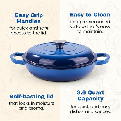 3 Quart Enameled Cast Iron Braiser, Non Stick Enameled Cast Iron Skillet with Lid, Dutch Oven Skillet with lid up to 500°F for Oven, Stove, Grill, Shallow Dutch Oven for Cook, Bake (Blue)