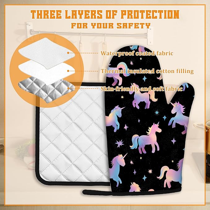 Cute Unicorn Pattern Oven Mitts and Pot Holders Set,Pink Kitchen Decor Heat Resistant Non Slip Hot Pads and Oven Mitt for Chef Cooking Baking BBQ Mom Girl Gifts(4 Piece Set)