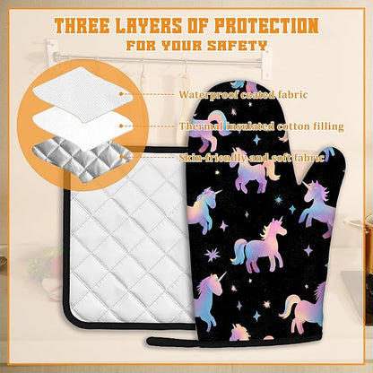 Cute Unicorn Pattern Oven Mitts and Pot Holders Set,Pink Kitchen Decor Heat Resistant Non Slip Hot Pads and Oven Mitt for Chef Cooking Baking BBQ Mom Girl Gifts(4 Piece Set)