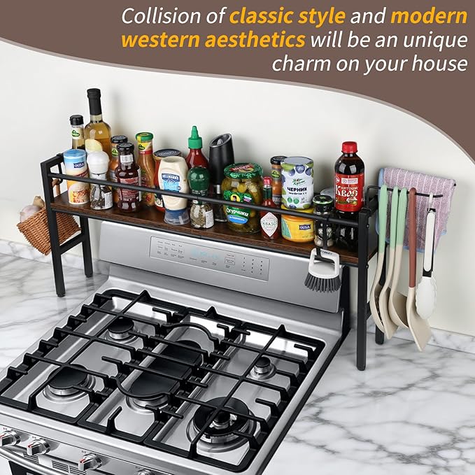 Meangood Spice Rack Shelf for Kitchen Stove, Over the Stove Shelf with 4 Hooks Extra Storage Countertop, Rustic Wood & Solid Metal Commbined Stove Shelf for Storage Seasoning, Easy to Assemble - Image 2