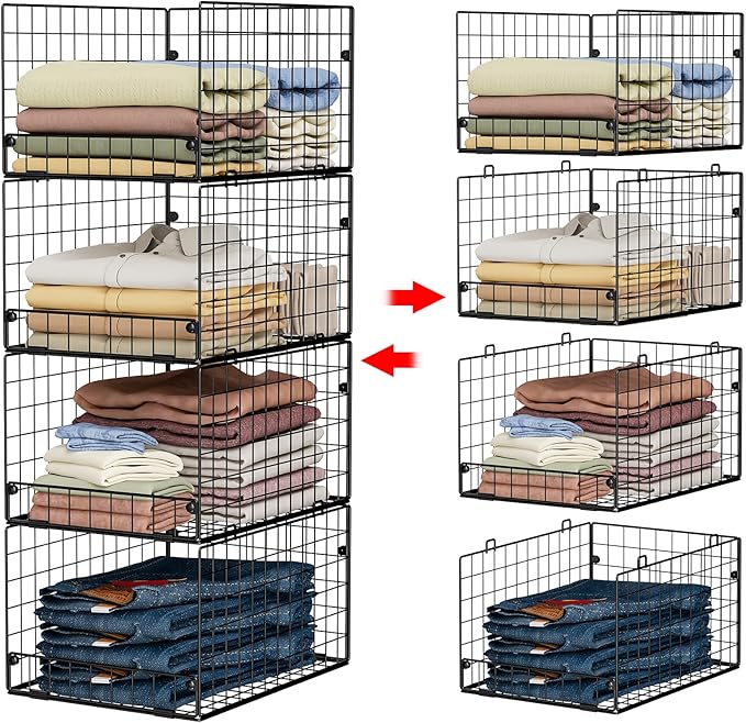 4-Tier Stackable Closet Organizers and Storage Shelves, Foldable Closet Shelf Organizer System, Stackable Storage Bins Drawers for Closet Organizer System, Black(Patent 30022416, 15.7"x11.8"x34.64") - Image 9