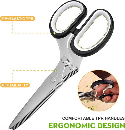Herb Scissors with 5 Blades and Cover, Kitchen Herb Cutter with Cleaning Comb, Stainless Steel Multi Blade Herb Shears for Basil Parsley Cilantro, Easy Clean Cooking Tool, Unique Kitchen Gadgets Gift