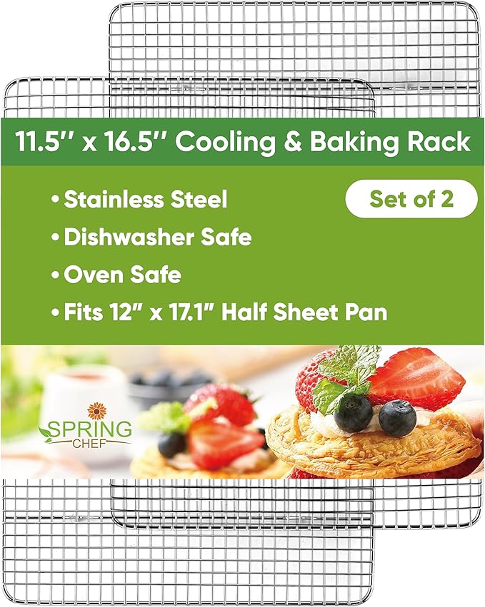 Spring Chef 11.5 x 16.5 Inch Stainless Steel Cooling Racks for Cooling & Baking - Oven Safe - Wire Roasting Racks for Oven Use - Fits Half Sheet Cookie Pan - Dishwasher Safe - Set of 2 by SpringChef
