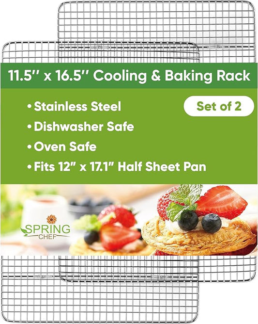 Spring Chef 11.5 x 16.5 Inch Stainless Steel Cooling Racks for Cooling & Baking - Oven Safe - Wire Roasting Racks for Oven Use - Fits Half Sheet Cookie Pan - Dishwasher Safe - Set of 2 by SpringChef