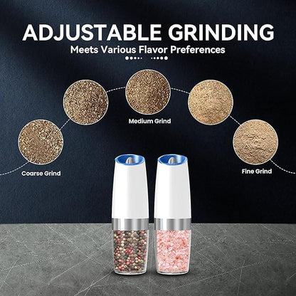 UNNEES Gravity Electric Salt and Pepper Grinder set of 2, Automatic Salt And Pepper Grinder Set, Adjustable Roughness, Battery Powered, LED Light, 2 Pack, (White) - Image 3