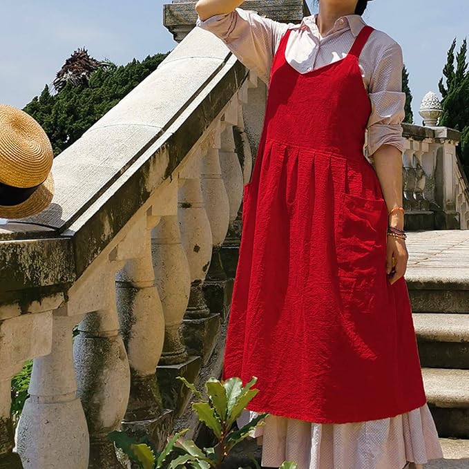 Uaussi Cotton Linen Apron Cross Back Work Apron for Women with Pockets Pinafore Dress X Cross Halter Apron for Chef Gardening - Image 6