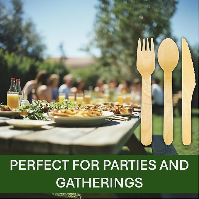 Disposable Wooden Cutlery Set 360 PCS - 100% Compostable Wooden Silverware [120 Forks, 120 Spoons, 120 Knives] - Wooden Disposable Utensils - Compostable Forks and Spoons - Silverware - Image 4