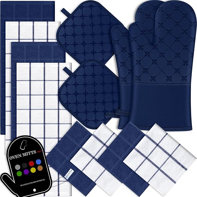 Oven Mitts Kitchen Towels Dishcloths with Pot Holders Sets 12PCS,Dish Towels Sets,Oven Gloves Pot Pads Heat Resistant 500 Degrees with Non-Slip Silicone Surface for Cooking Baking Grilling-Marine Blue by BSKSSK