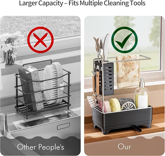 MOUKABAL Sponge Holder for Kitchen Sink, 2-Tier Sink Caddy Organizer with Drain Holes and Hooks, Holds Dishcloth, Sponge & Brushes, Kitchen Countertop Storage for New Home Essentials Black - Image 4
