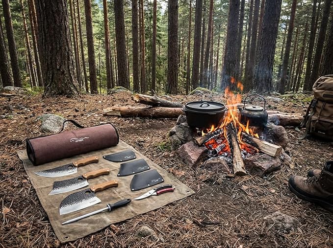9 PCS Butcher Viking Camping Knife Set, 7" Serbian Chef Knife, 7" Butcher Meat Cleaver, 6.5" Viking Knife, 3 Knife Sheath, Honing Steel, Poultry Shears and Knife Roll Bag (Stylish Horse Pattern)