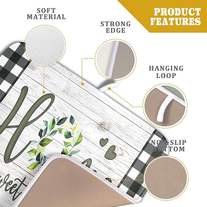 Giwawa Home Sweet Home Dish Drying Mat 16x18 Inch Spring Summer Green Leaf Wreath Dish Drainer Mats Rustic Wood Board Microfiber Dish Drying Rack Pad for Kitchen Countertop Farmhouse Decor