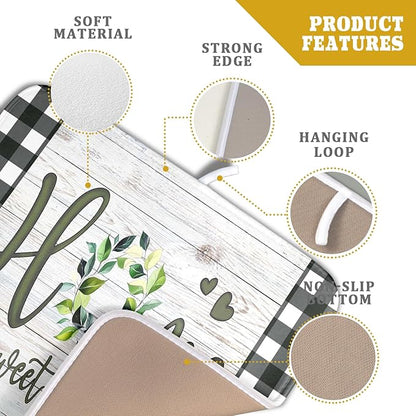 Giwawa Home Sweet Home Dish Drying Mat 16x18 Inch Spring Summer Green Leaf Wreath Dish Drainer Mats Rustic Wood Board Microfiber Dish Drying Rack Pad for Kitchen Countertop Farmhouse Decor