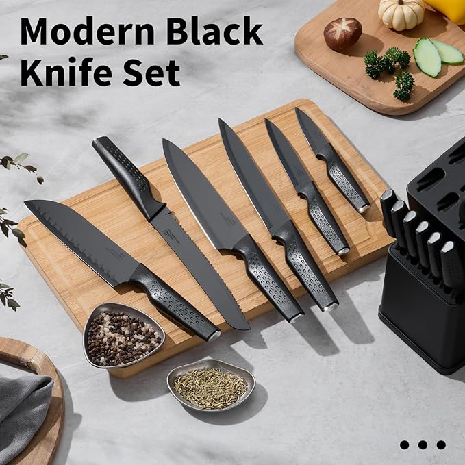 E-far Knife Set, 15-Piece Kitchen Knife Block Set with Sharpener, High Carbon Steel Chef Paring Steak Knives with Ergonomic Non-Slip Handle, Anti-Rust & Razor Sharp, Black - Image 5