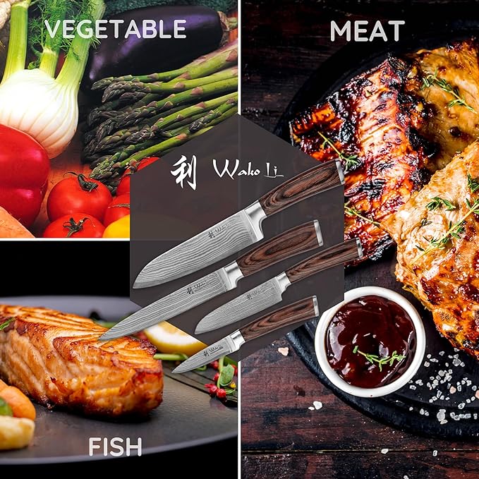 Wakoli EDIB 4-Piece Damascus Knife Set – Professional Kitchen Knife Set, 67-Layer Genuine Damascus Steel, High Carbon Stainless Steel Core (VG10), Ergonomic Pakkawood Handles, In Elegant Gift Box
