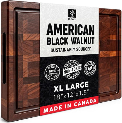 Mevell Walnut Wood Cutting Board for Kitchen, Reversible Wooden Chopping Board With Juice Grooves, Made in Canada (Walnut, 18x12x1.5) by Mevell