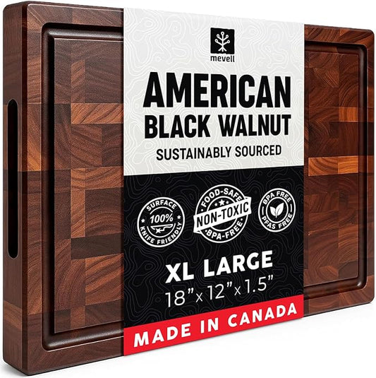 Mevell Walnut Wood Cutting Board for Kitchen, Reversible Wooden Chopping Board With Juice Grooves, Made in Canada (Walnut, 18x12x1.5) by Mevell