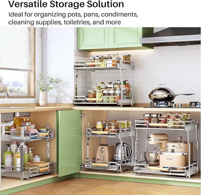 Pull out Cabinet Organizer, 2 Tiers 17"W X 21"D, Heavy Duty Smooth Sliding Under Cabinet Shelves for Pots and Pans, Full-Extension Roll out Drawers, Slide out Organization for Home Kitchen Pantry - Image 2