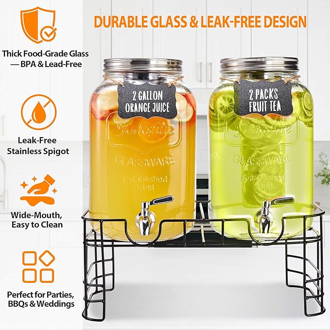 2 Gallon Large Glass Drink Dispenser Set, 2 Pack Beverage Dispensers with Stand & 18/8 Stainless Steel Spigot, Leakproof for Lemonade, Sun Tea & Iced Tea - Image 3