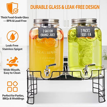 2 Gallon Large Glass Drink Dispenser Set, 2 Pack Beverage Dispensers with Stand & 18/8 Stainless Steel Spigot, Leakproof for Lemonade, Sun Tea & Iced Tea - Image 3