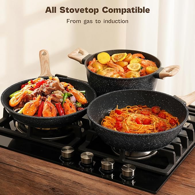 13 Pcs Pots and Pans Set, Nonstick Cookware Sets Black Granite Induction Cookware, Non-toxic Healthy Non stick Kitchen Cooking Set with Frying Pans Set, Saucepans (PFAS/PFOA/PFOS Free) - Image 4