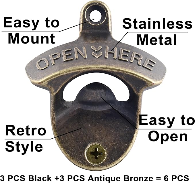 Old Time Wall Mount Bottle Opener, Vintage Metal Screw on Bottle Cap Opener Black and Antique Bronze (6 PCS)